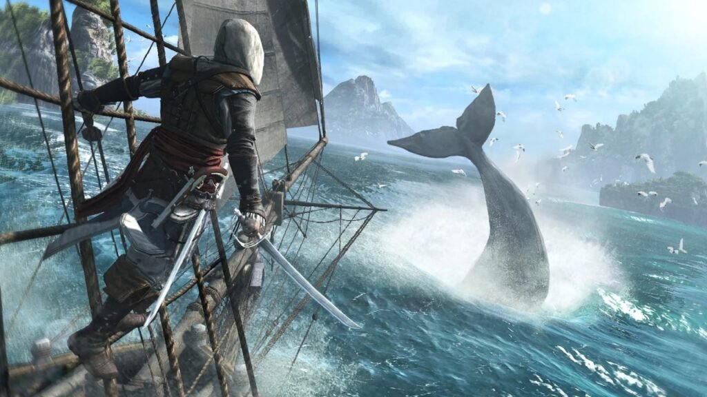 Assassin climbing ship, whale breaching water.