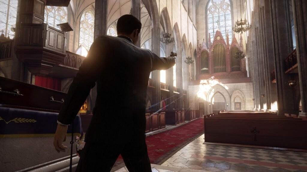 Man aiming pistol inside cathedral with red aisle