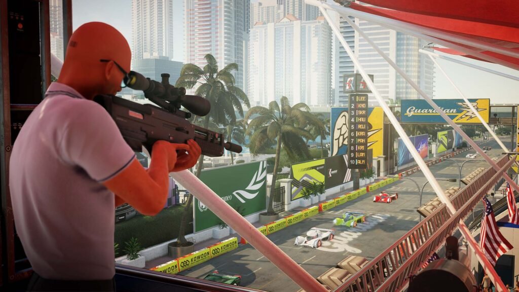 Hitman Agent 47 aiming sniper at city racetrack