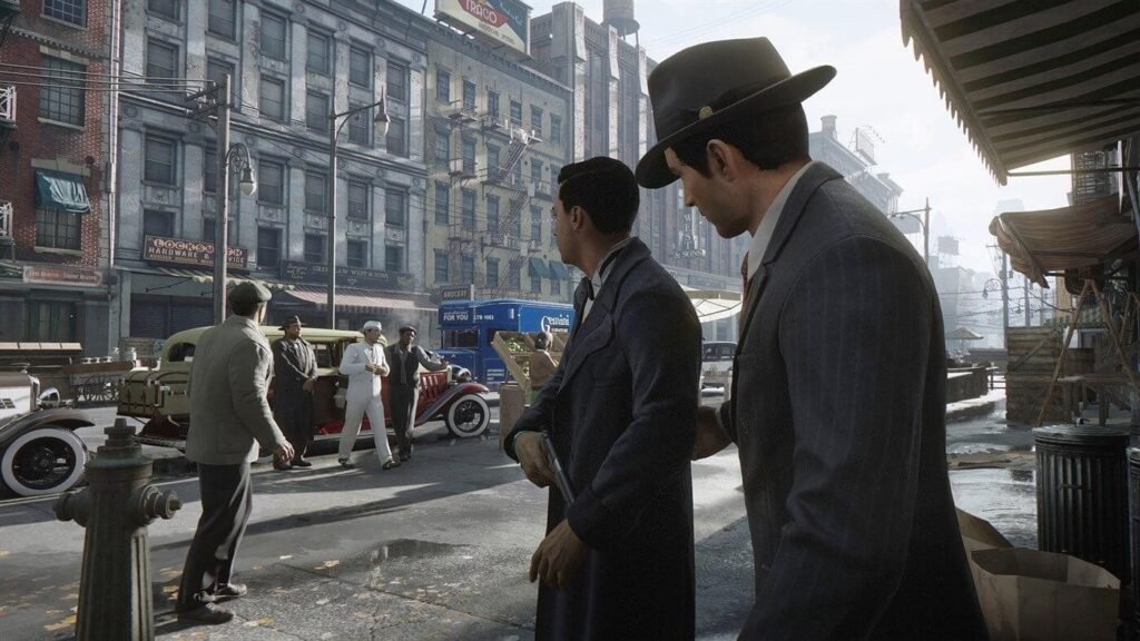 Two men in suits watching street scene downtown