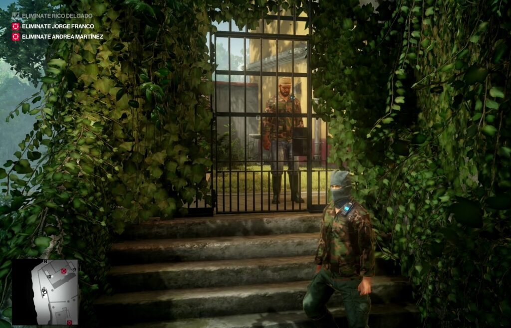 Hitman guard stands by gate in ivy courtyard