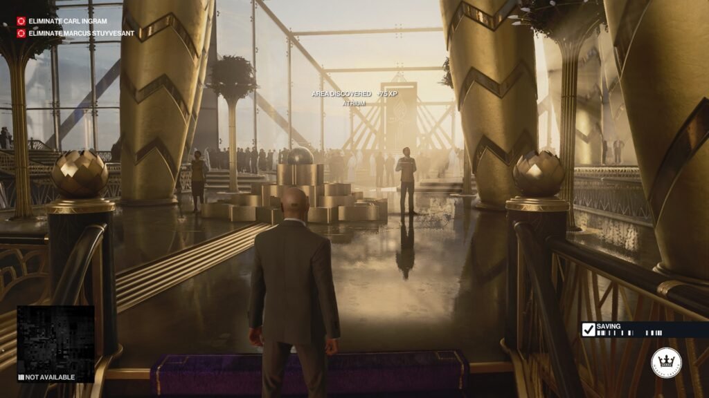Agent 47 walking through golden atrium in Hitman