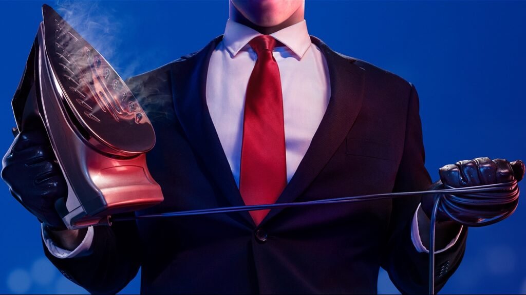 Fortnite Agent 47 holding iron and cord against blue background