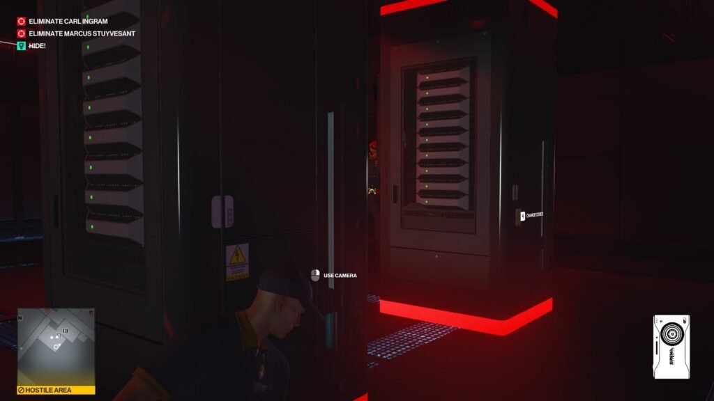 Hitman Agent 47 hiding in red-lit server room