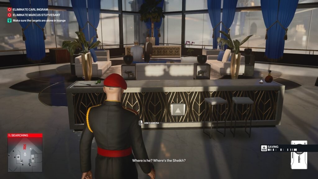 Agent 47 in Hitman watching men in lounge
