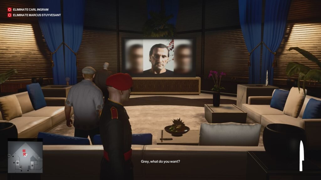 Hitman 3 mission briefing on screen in lounge