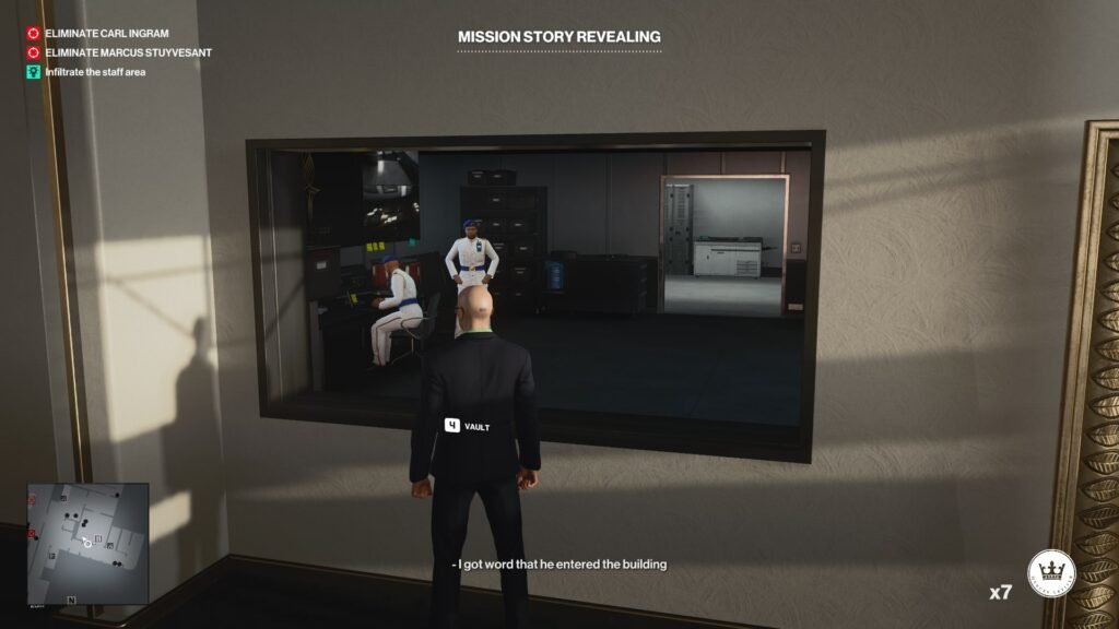 Agent 47 watching guards through window in HITMAN 2