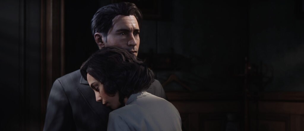 Woman rests head on man's chest indoors