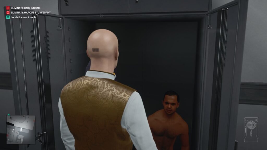Agent 47 confronts shirtless man in locker room stall