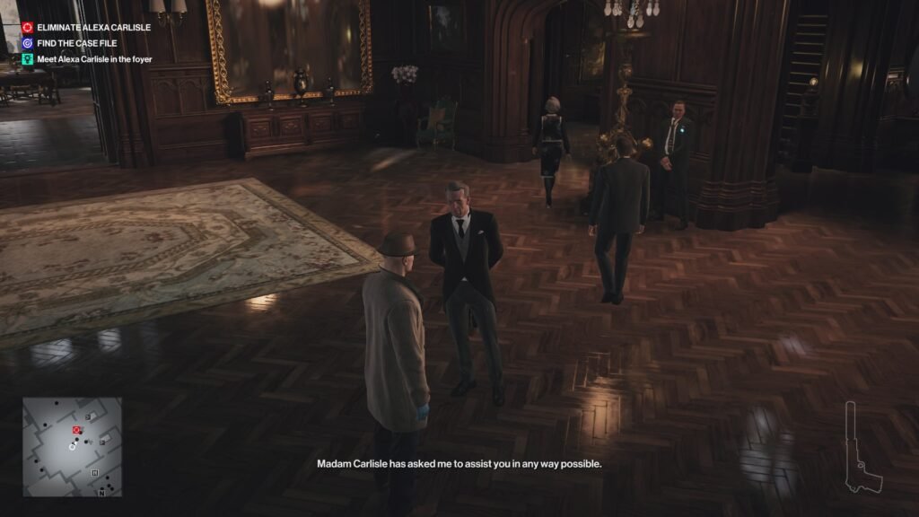 Hitman 3 Agent 47 talks to butler in mansion foyer