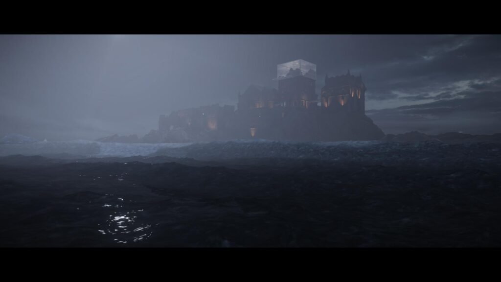 Foggy castle overlooking dark ocean at night
