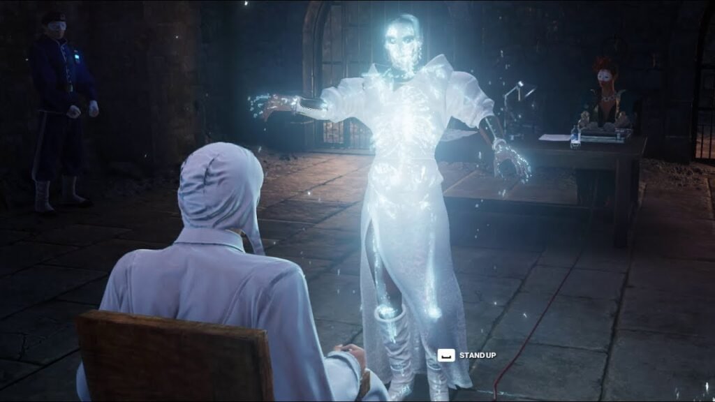 Glowing hologram woman reaches out in stone room