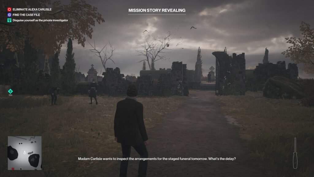 Agent 47 walking toward cemetery gate in Hitman 3