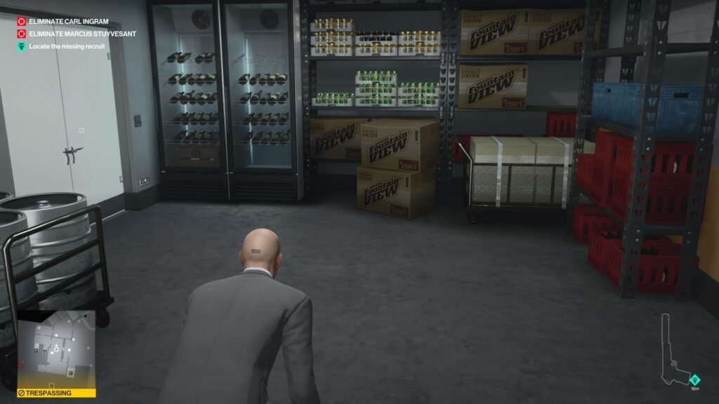 Agent 47 crouches in storage room in Hitman 2