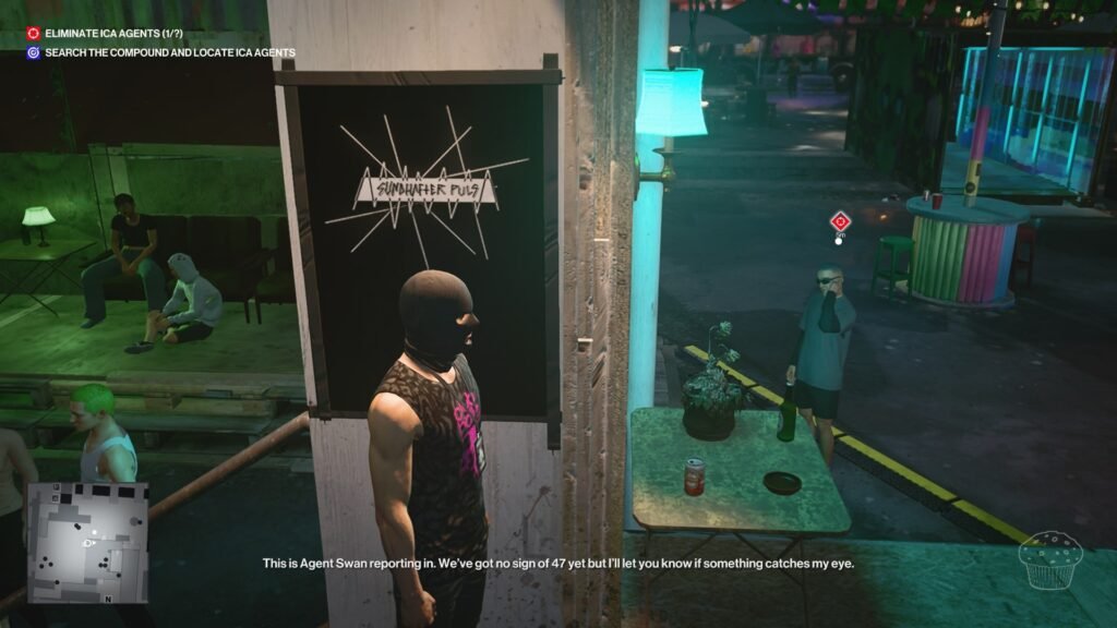 Hitman Agent 47 wearing balaclava outside nightclub entrance