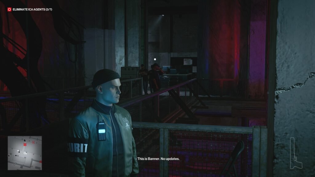 Security guard standing in industrial walkway in Hitman 3