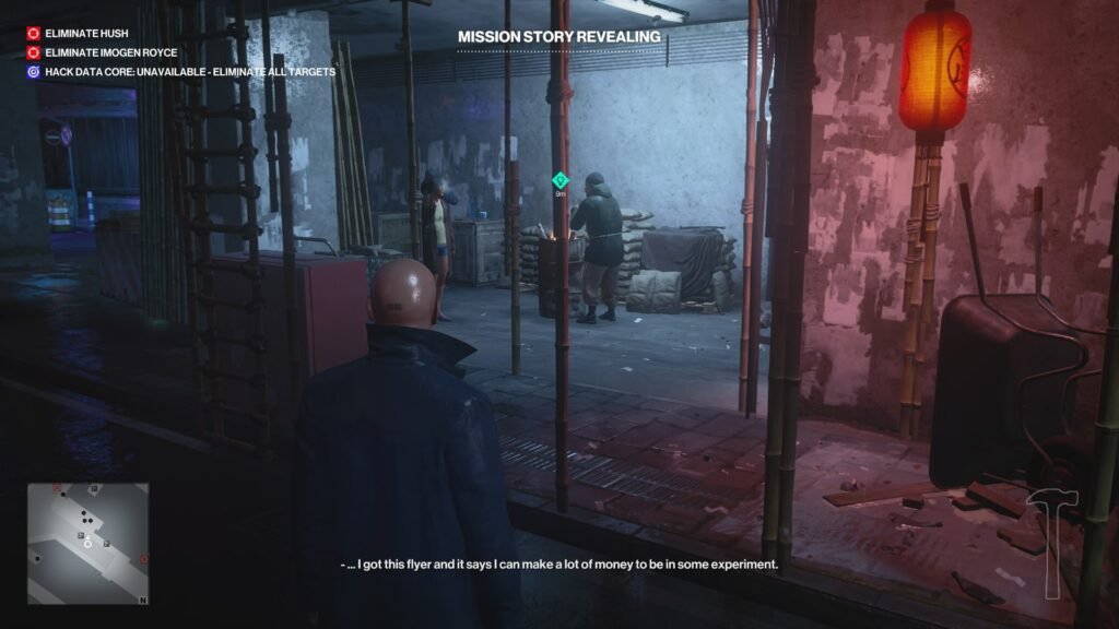 Agent 47 in Hitman 3 watching NPCs indoors