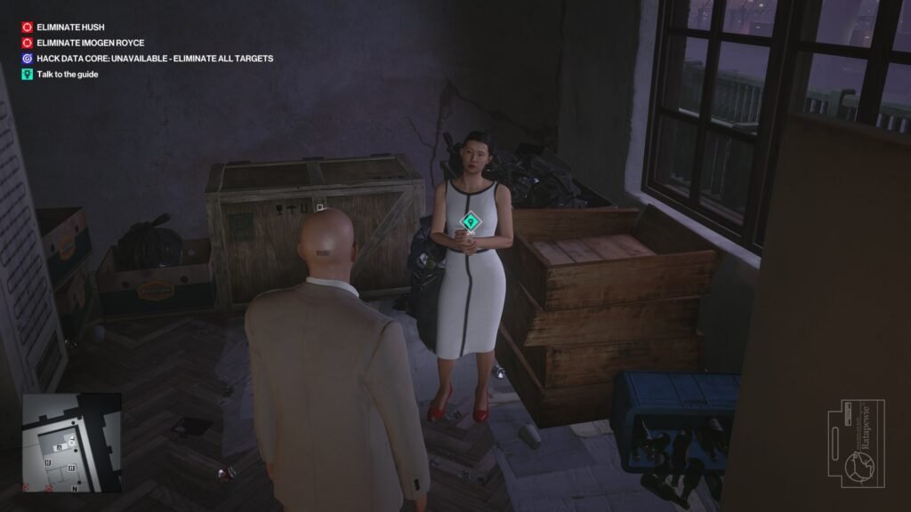 Agent 47 talks to guide in storage room, Hitman 3