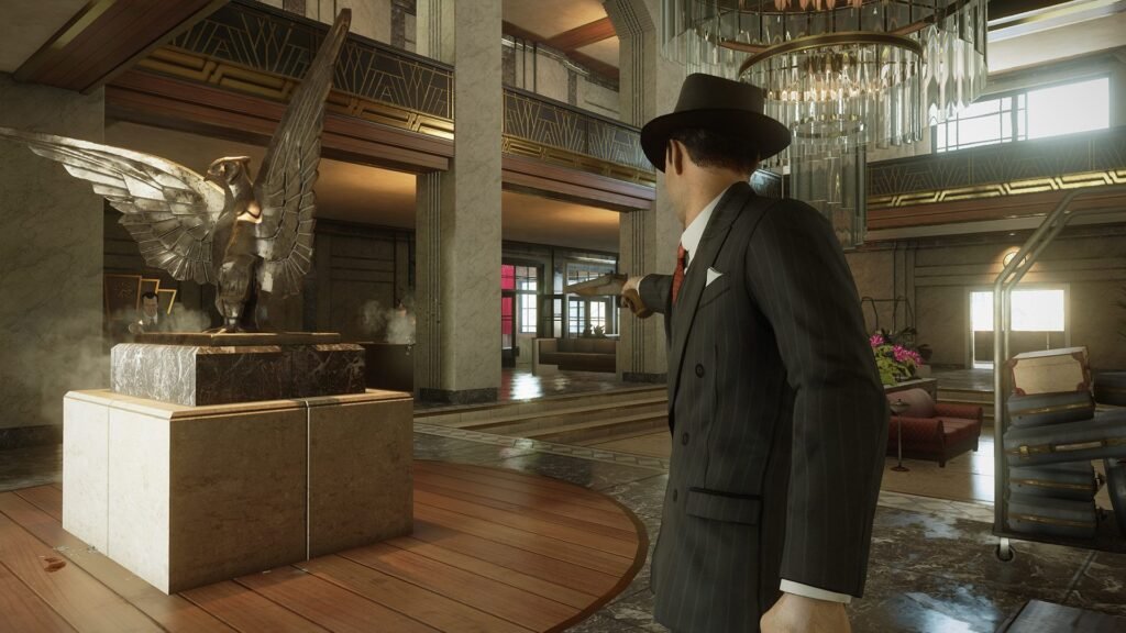 Man in suit aiming gun in hotel lobby