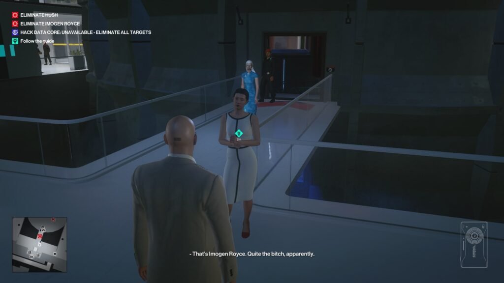 Agent 47 approaches Imogen Royce in HITMAN corridor