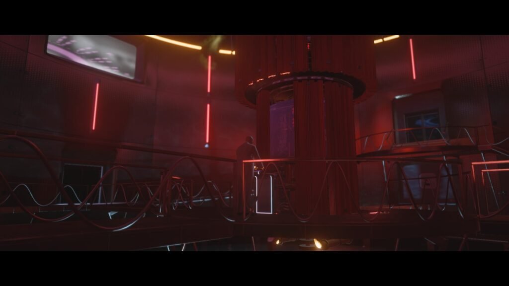 Person standing on platform in red sci-fi lab