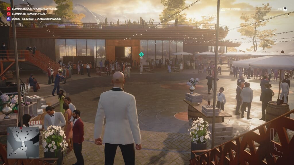 Agent 47 in Hitman 3 overlooking party courtyard