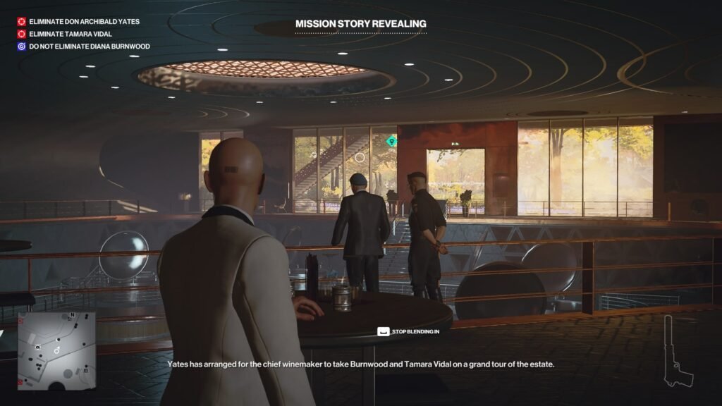 Agent 47 watches two men in modern lobby