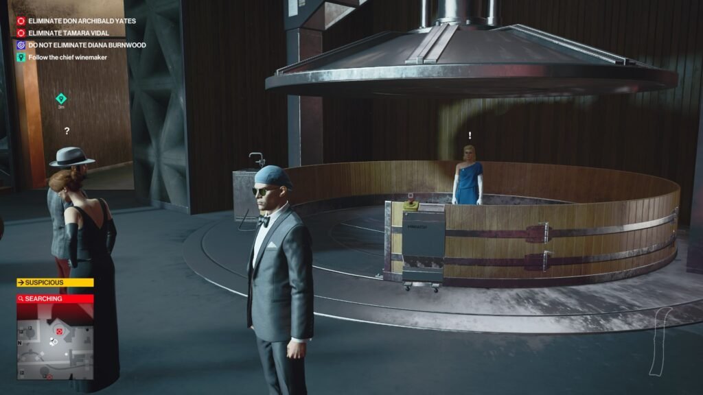 Agent 47 stands near wine vat in Hitman 3