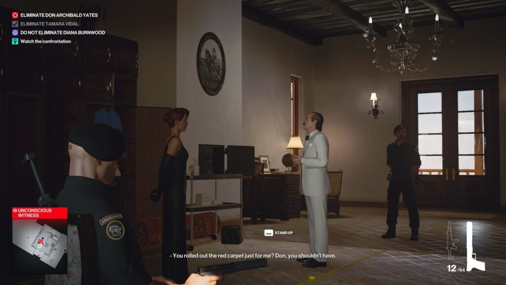Agent 47 aims pistol at Don Yates indoors, Hitman 3