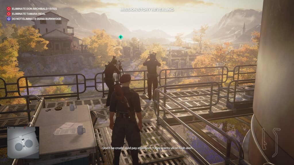 Hitman 3 Agent 47 watching guards on platform