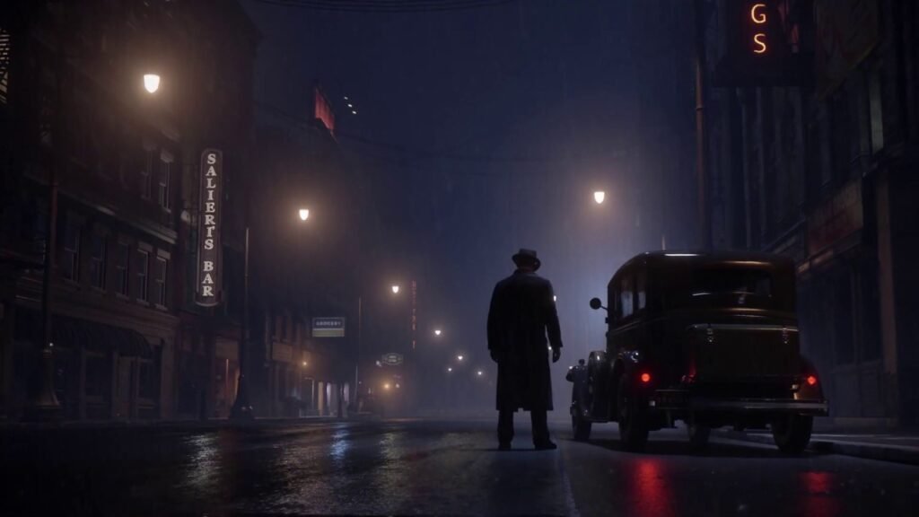 Man in trench coat stands on rainy street at night