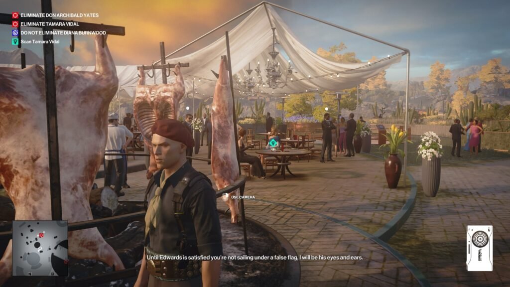 Hitman 3 Agent 47 stands near hanging meat at party