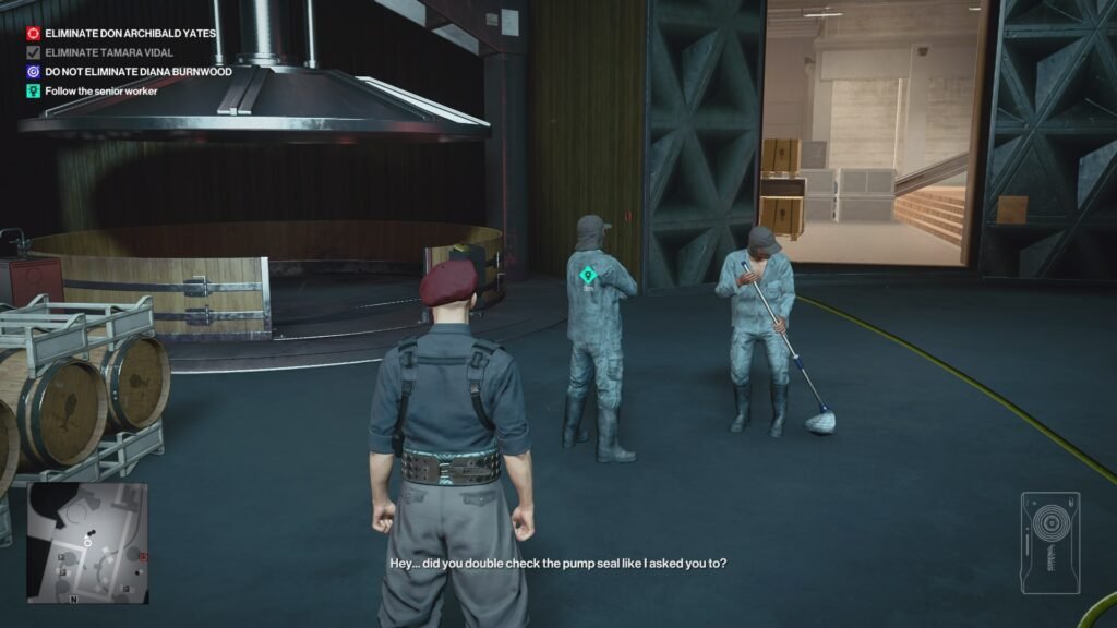 Hitman Agent 47 watches workers mopping in winery cellar