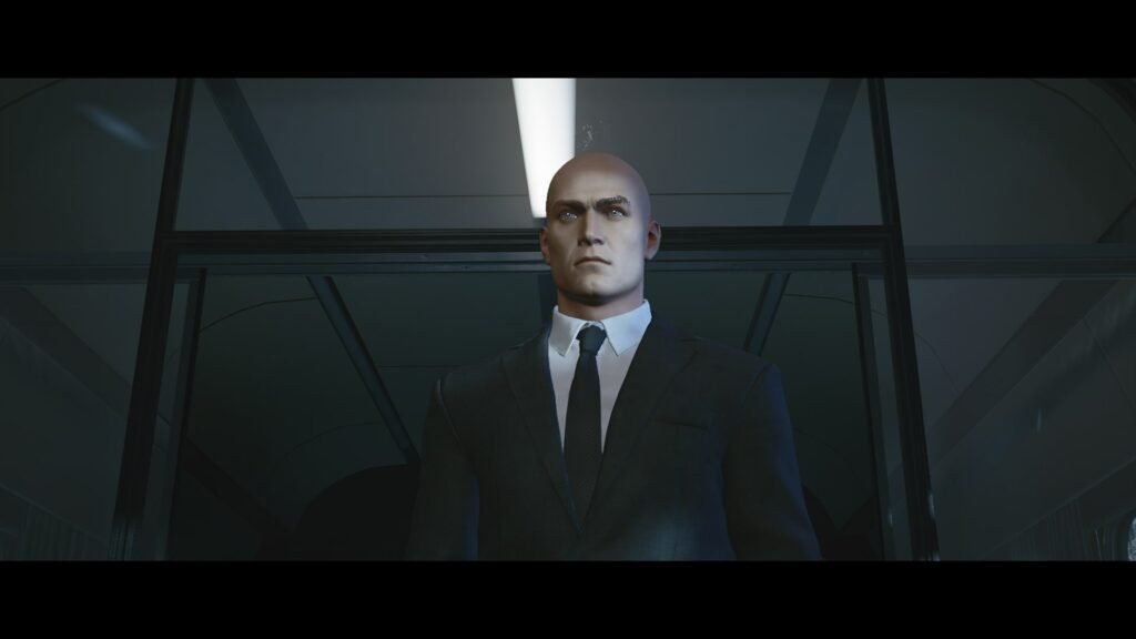 Agent 47 from Hitman standing in elevator