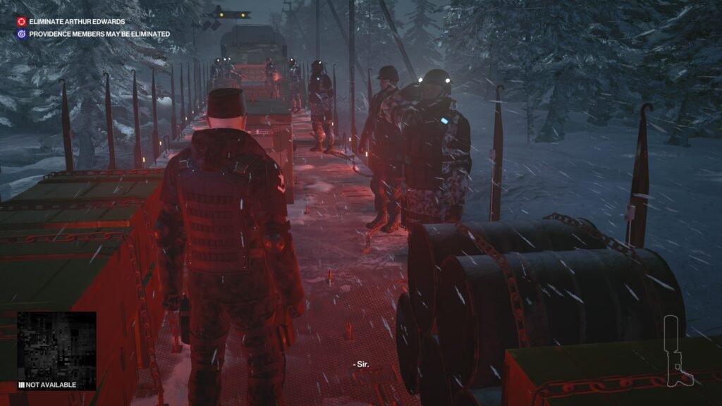 Hitman Agent 47 stands on snowy train with soldiers