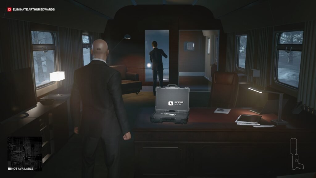 Agent 47 approaches serum case inside train cabin