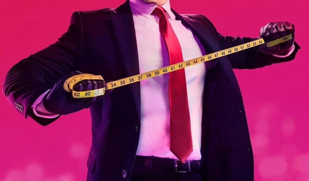 Gloved man in suit holding measuring tape on pink background