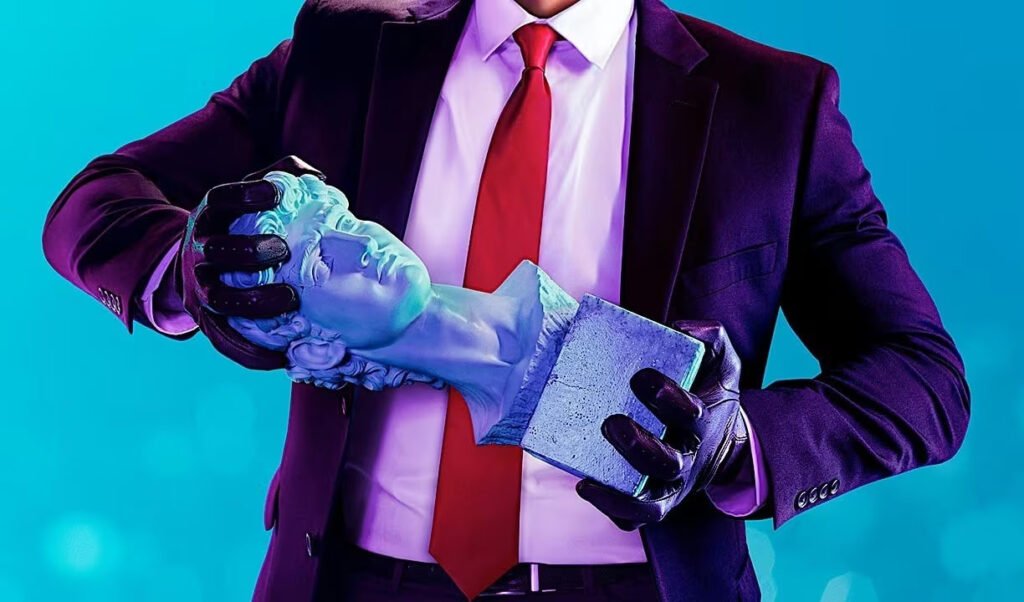 Gloved man in suit holding blue statue bust
