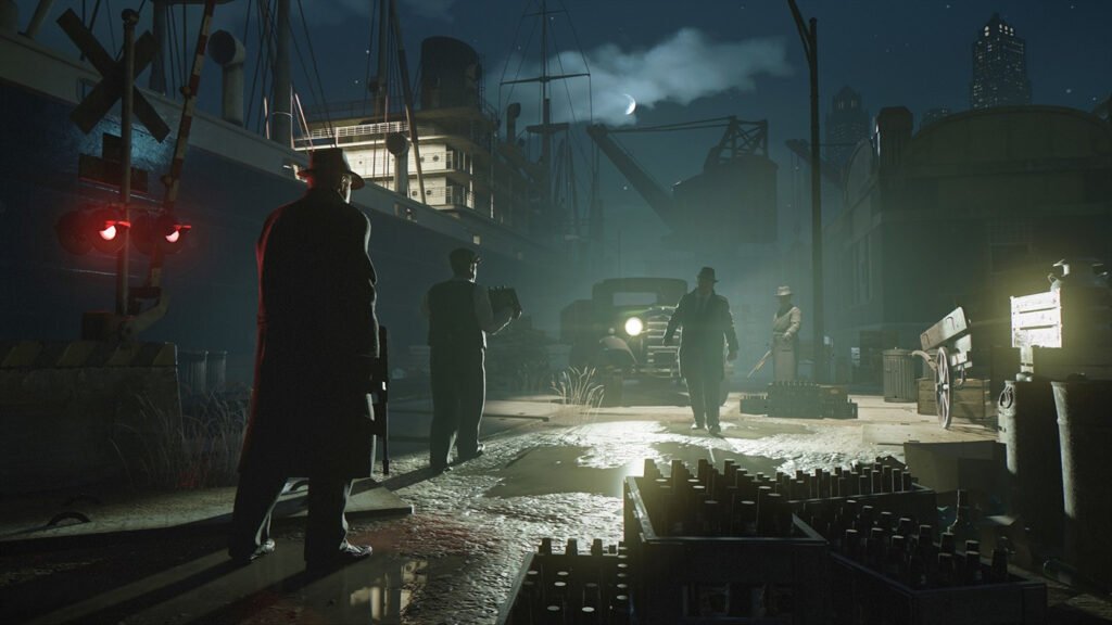 Gangsters stand near ship at night dockyard