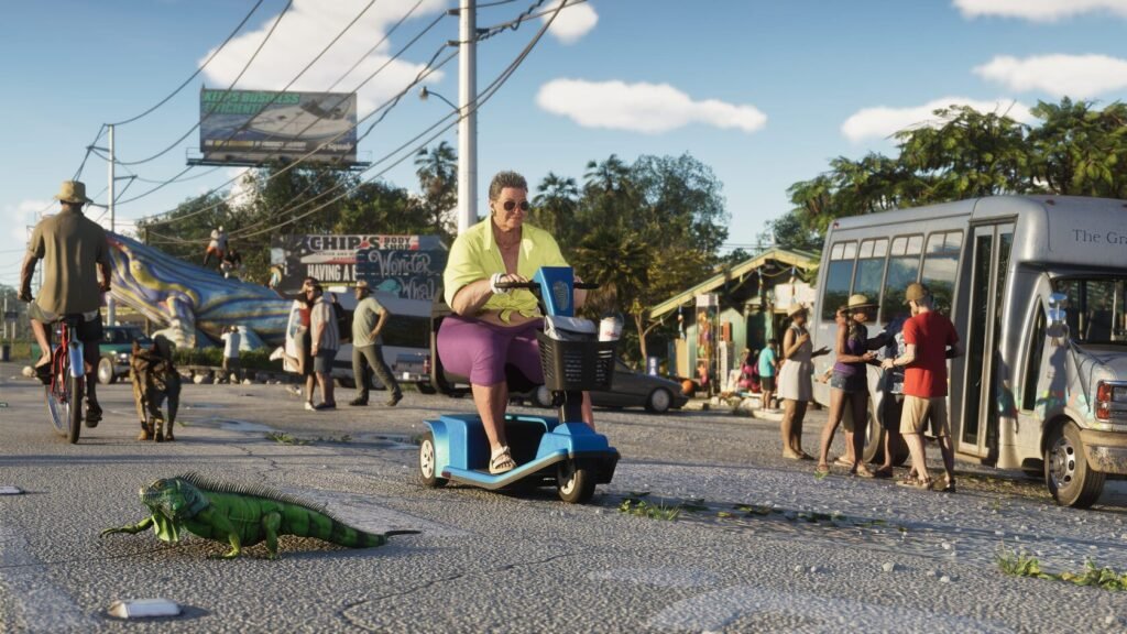 Man rides blue mobility scooter on street near bus