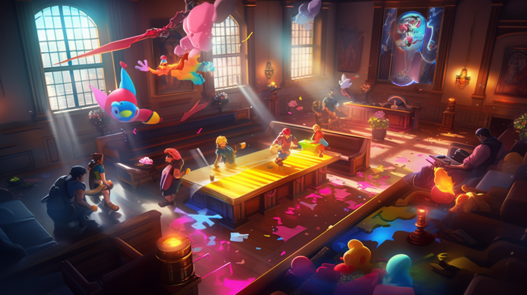 Fortnite characters dancing in colorful courtroom with balloons