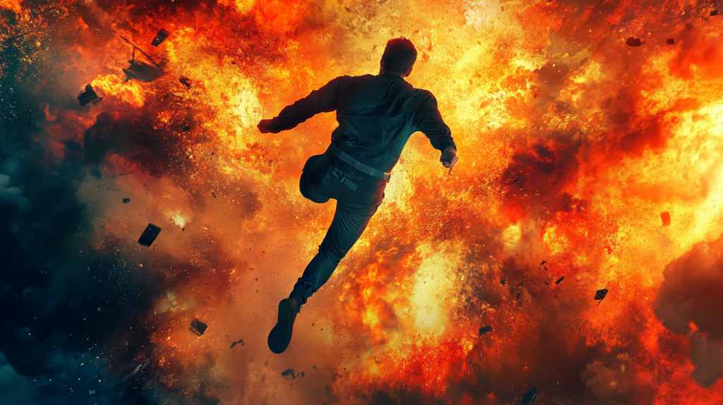 Man leaping through orange fireball explosion outdoors