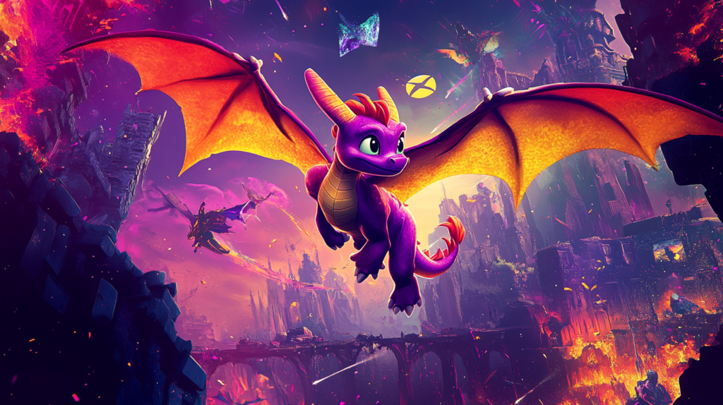 Spyro the Dragon flying over fiery canyon ruins