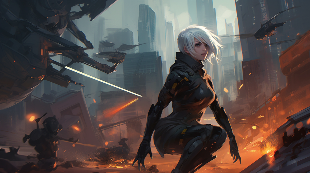 White-haired woman crouching in futuristic city battle scene