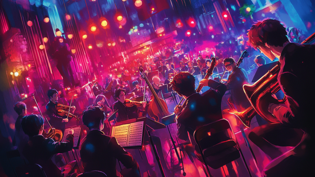 Orchestra musicians playing on stage under colorful lights
