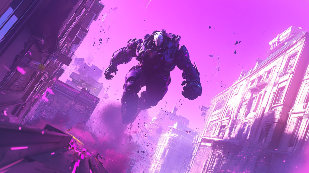 Armored soldier leaping through purple city street debris