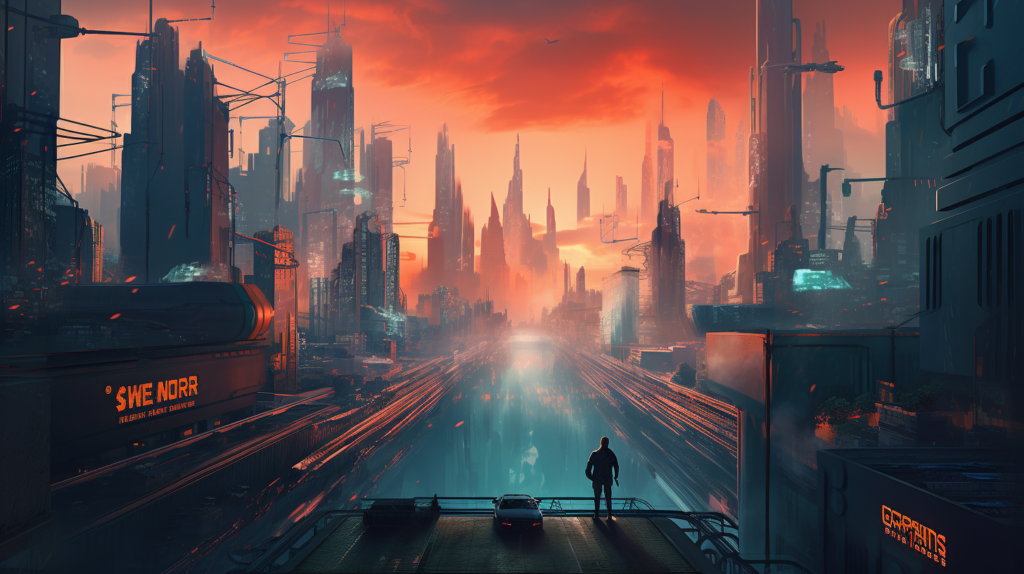 Silhouette standing on rooftop overlooking futuristic city at sunset