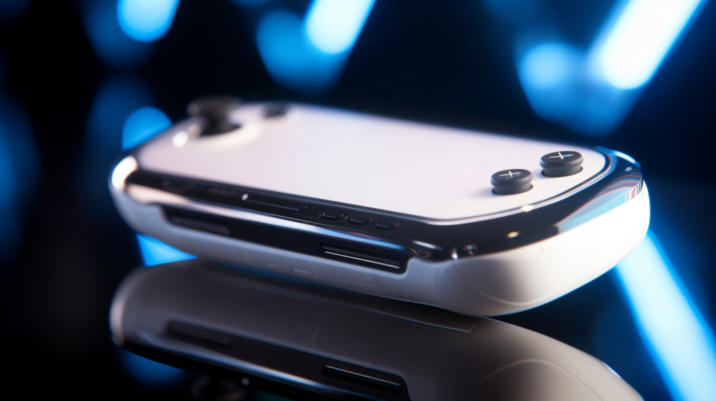 White handheld gaming console resting on reflective surface