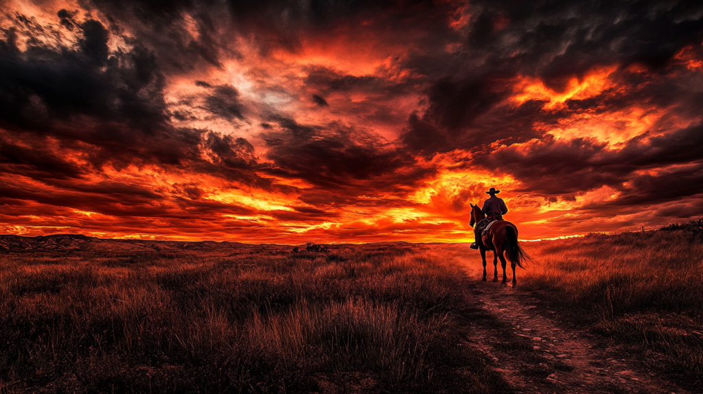 Cowboy riding horse on trail under red sunset sky