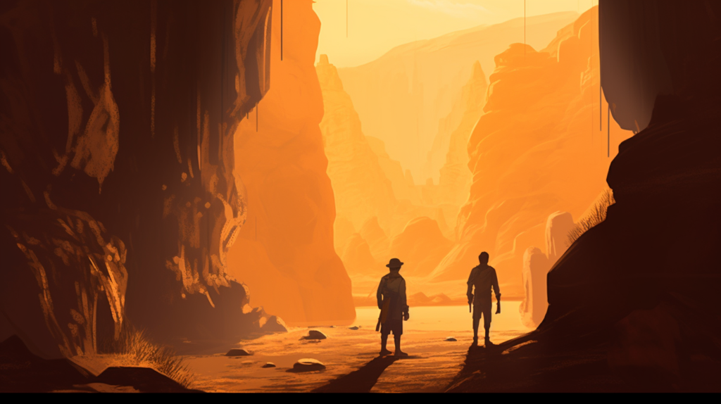 Two people standing in orange canyon at sunset